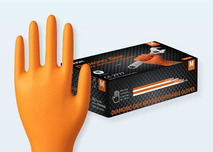 Gants Nitrile DIAMOND GRIP Orange Noirs - Surface Antidérapante